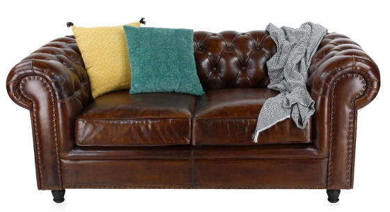 2 seater Chesterfield leather sofa dark brown studded armrests