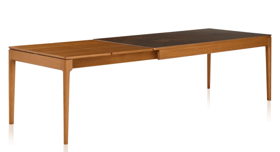 Extendable table for 8 to 12 people in oak and ceramic with wooden extensions with cherry-stained wood and oxidised brown ceramic top 160x100 cm