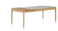 Table extensible 8 à 14 personnes en chêne et céramique allonges bois avec bois teinte naturelle et plateau céramique effet marbre blanc 210x100 cm Table extensible 8 à 14 personnes en chêne et céramique allonges bois avec bois teinte naturelle et plateau céramique effet marbre blanc 210x100 cm