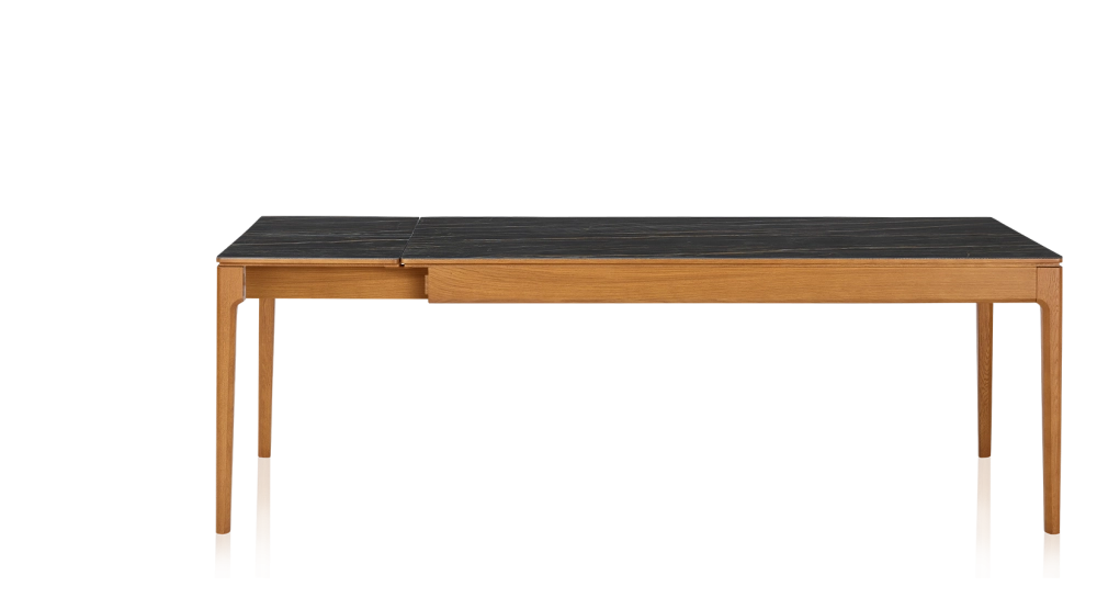 Table extensible 8 à 14 personnes en chêne et céramique allonges céramique avec bois teinte merisier et plateau et allonges céramique effet marbre noir 210x100 cm