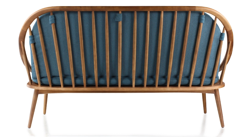 Canapé scandinave 2 places bois teinte merisier et tissu bleu océan Canapé scandinave 2 places bois teinte merisier et tissu bleu océan