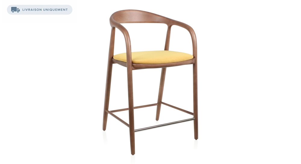 Tabouret de bar H60 cm bois teinte noyer et tissu jaune