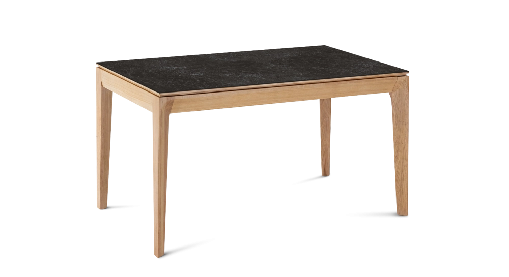 Table extensible en chêne et céramique 6 à 10 personnes allonges céramique avec bois teinte naturelle et plateau et allonges céramique effet ardoise 140x90 cm
