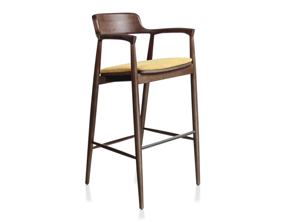 Tabouret de bar h80 cm bois teinte marron foncé assise tissu jaune