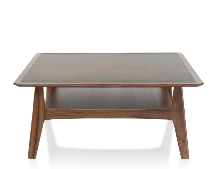 Table basse carré en noyer et céramique bois teinte naturelle plateau céramique brun oxydé 100x100 cm