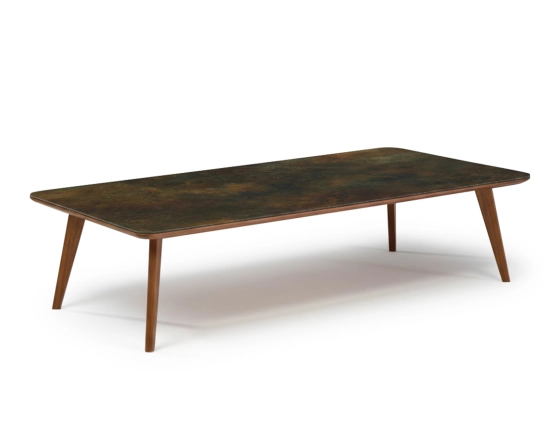 Table basse rectangulaire F7 en noyer et céramique bois teinte naturelle et céramique brun oxydé 140x80x30 cm
