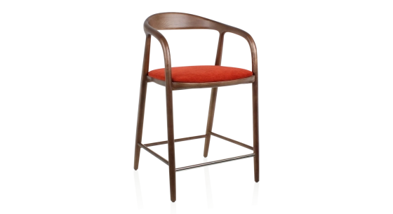 Tabouret de bar H60 cm bois teinte marron foncé et tissu orange brulé