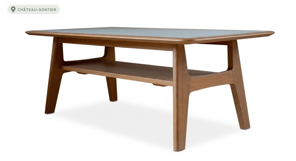 Table basse rectangulaire en chêne et céramique avec bois teinte naturelle plateau céramique effet marbre blanc 120X60 cm