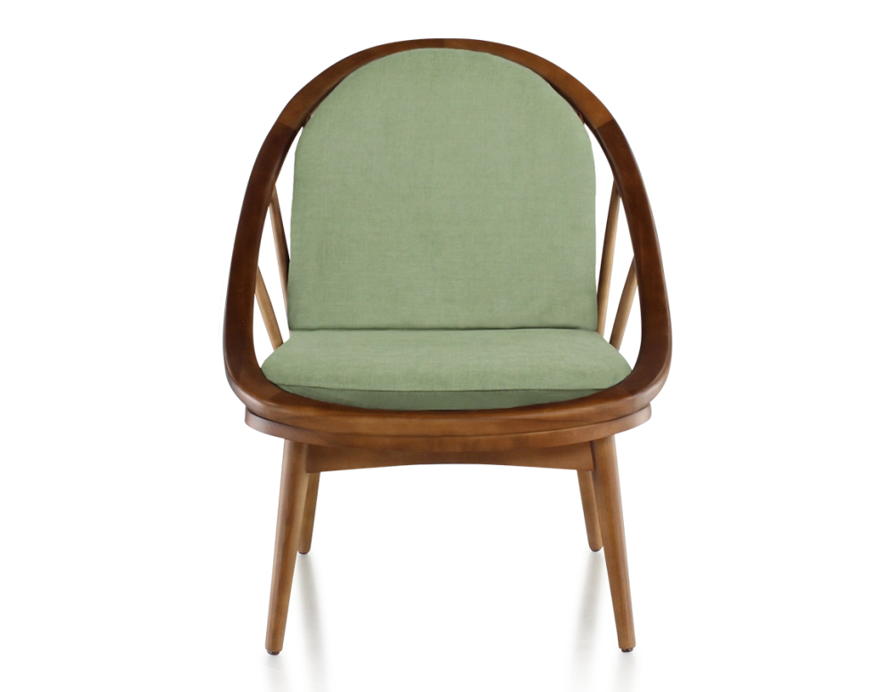 Fauteuil scandinave bois teinte merisier et tissu vert Fauteuil scandinave bois teinte merisier et tissu vert