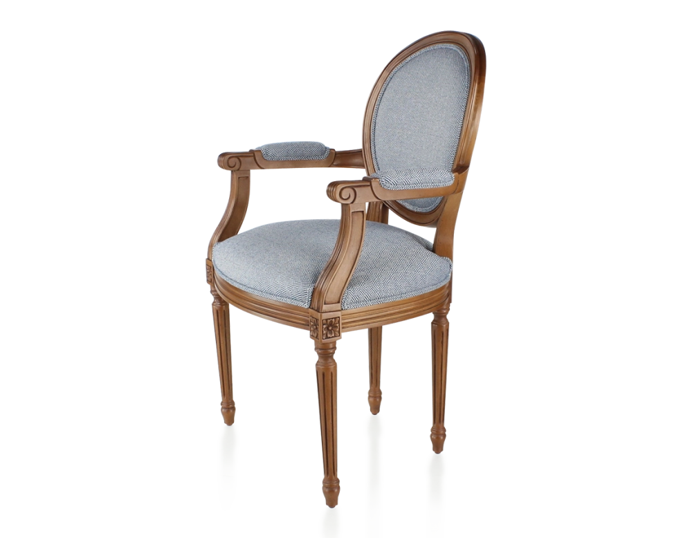 Antique Louis XVI style armchair with armrests aged wood stain and blue chevron fabric Antique Louis XVI style armchair with armrests aged wood stain and blue chevron fabric