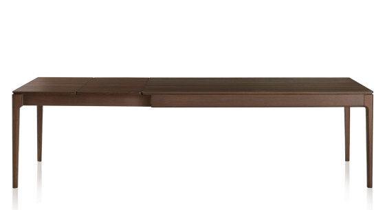 Extendable oak table for 8 to 12 people with dark brown stained wood top and extensions 180x100 cm