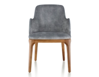 Chaise design avec accoudoirs bois teinte merisier et tissu velours gris Chaise design avec accoudoirs bois teinte merisier et tissu velours gris