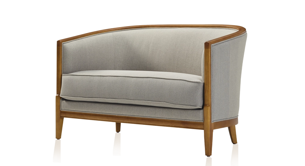 Canapé ancien 2 places bois teinte meriser et tissu gris clair Canapé ancien 2 places bois teinte meriser et tissu gris clair