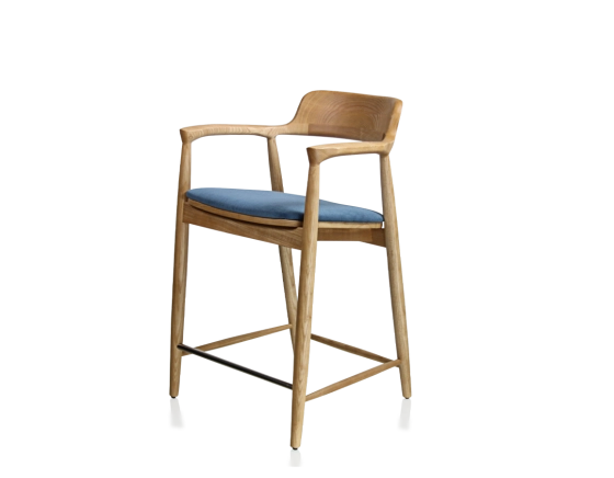 Bar stool h60 cm natural tint wood, denim blue fabric seat
