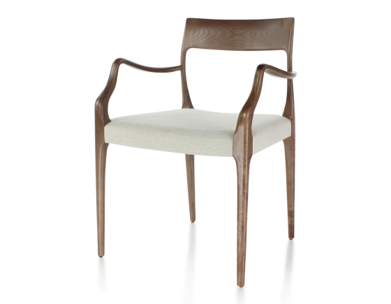 Chaise scandinave avec accoudoirs bois teinte marron foncé assise tissu beige naturel