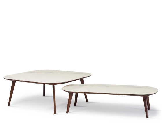 Duo de tables basses F2 et F6 plateau céramique bois teinte marron foncé plateau céramique effet marbre blanc M1