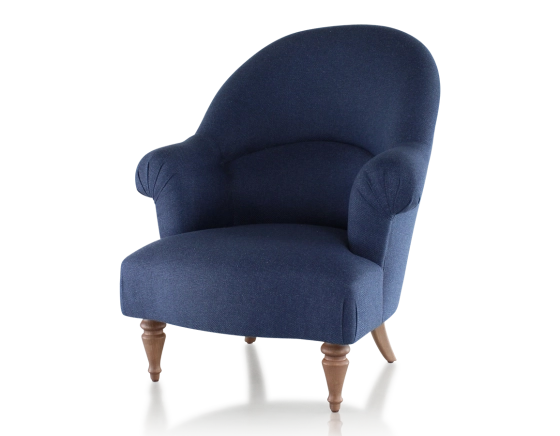 Fauteuil crapaud avec accoudoirs pieds bois teinte noyer et tissu bleu marine moyen dossier