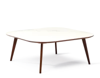 Table basse carré aux angles arrondis F2 plateau céramique bois teinte marron foncé plateau céramique effet marbre blanc M1 60x60x30 cm