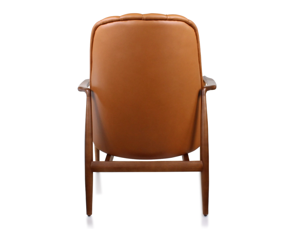 Fauteuil scandinave bois teinte merisier et cuir caramel Fauteuil scandinave bois teinte merisier et cuir caramel