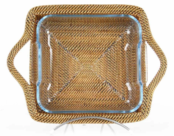 Plat pyrex carré avec support en fleur de rotin