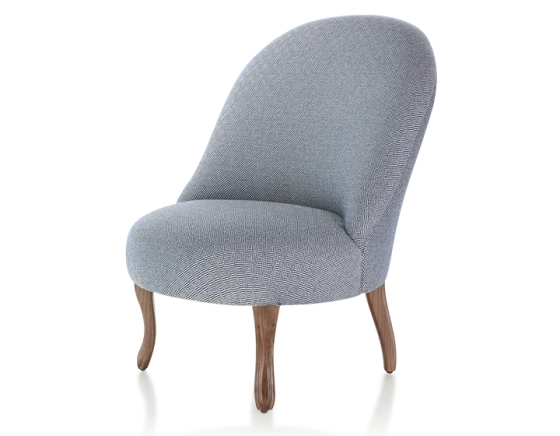Fauteuil crapaud sans accoudoirs pieds bois teinte noyer et tissu chevron bleu