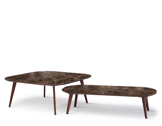 Duo de tables basses F2 et F6 plateau céramique bois teinte marron foncé plateau céramique effet marbre brun