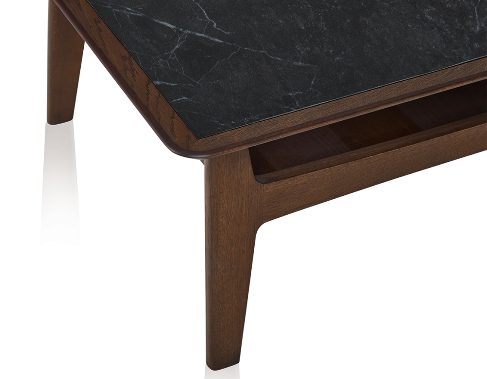 Square coffee table in oak and ceramic with dark brown stained wood and slate effect ceramic top 100x100 cm Square coffee table in oak and ceramic with dark brown stained wood and slate effect ceramic top 100x100 cm