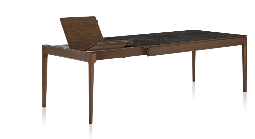 Table extensible 6 à 10 personnes en chêne et céramique allonges bois avec bois teinte marron foncé et plateau céramique effet ardoise 140x90 cm Table extensible 6 à 10 personnes en chêne et céramique allonges bois avec bois teinte marron foncé et plateau céramique effet ardoise 140x90 cm