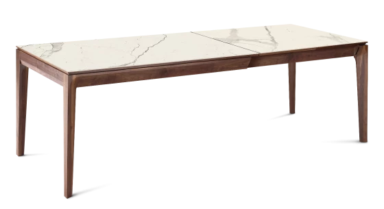 Table extensible en noyer et céramique 6 à 10 personnes allonges céramique avec bois teinte naturelle et plateau et allonges céramique effet marbre blanc 140x90 cm