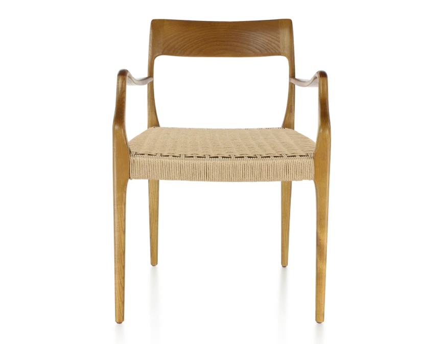 Chaise scandivave avec accoudoirs bois teinte merisier assise corde