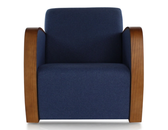 Fauteuil design bois teinte merisier et tissu bleu marine
