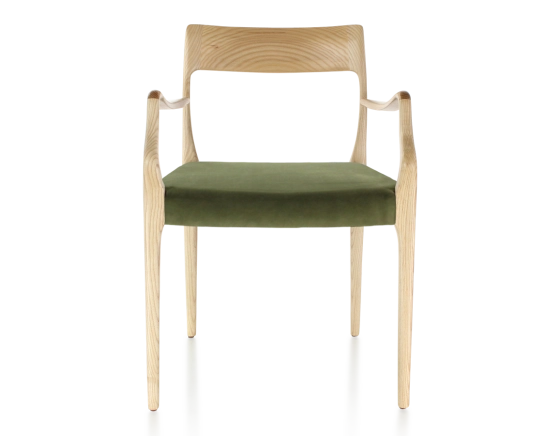 Scandinavian armchair with armrests natural wood stain olive green fabric seat