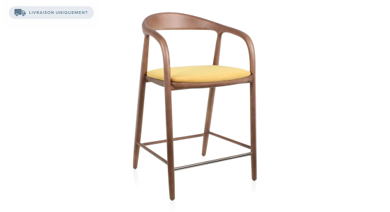 Tabouret de bar H60 cm bois teinte noyer et tissu jaune