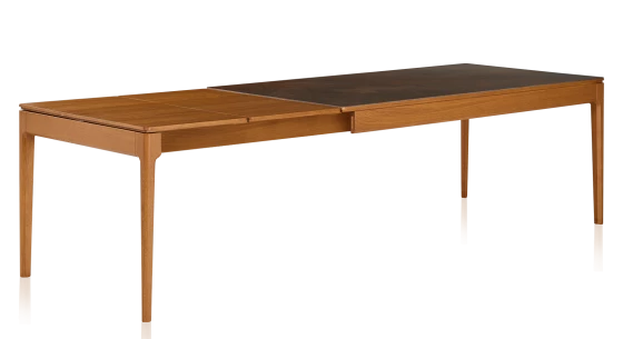 Table extensible en chêne teinte merisier et céramique brune oxydée 140x90 cm allonges chêne