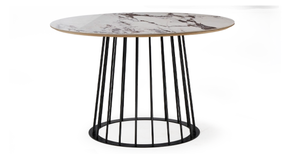 Table salle à manger ronde en chêne et céramique pied métal noir et plateau céramique effet marbre blanc m3 120x120