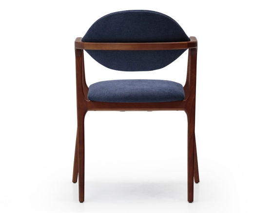 Designer armchair cherry wood stain and ocean blue fabric.