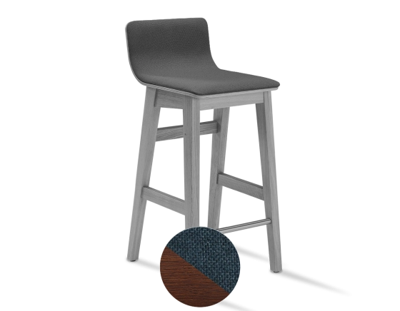 Tabouret de bar en chêne H60 cm bois teinte marron foncé assise tissu bleu océan
