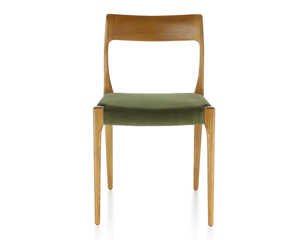 Scandinavian chair cherry-stained wood, olive green fabric seat Scandinavian chair cherry-stained wood, olive green fabric seat