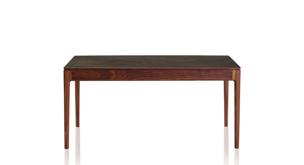 Table extensible en noyer et céramique 6 à 10 personnes allonges céramique avec bois teinte naturelle et plateau céramique brun oxydé 140x90 cm