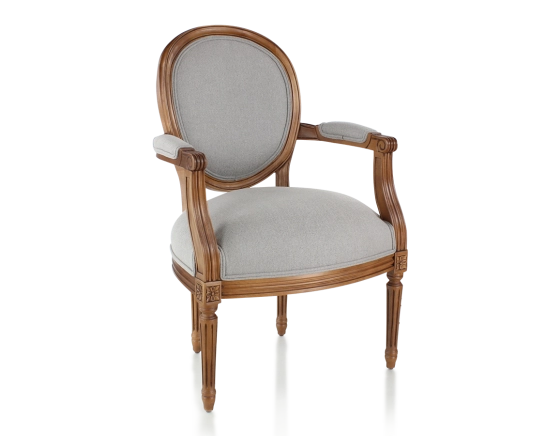 Fauteuil ancien style Louis XVI bois teinte ancienne et tissu gris clair