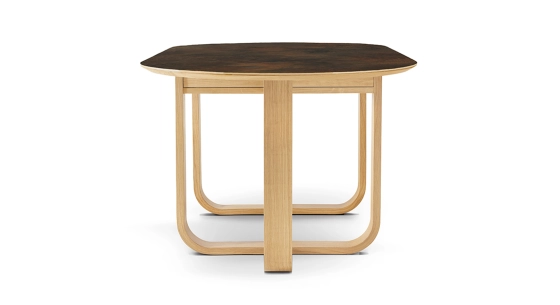 10 person oak and ceramic dining table with natural stained wood and oxidised brown ceramic top 250x100 cm