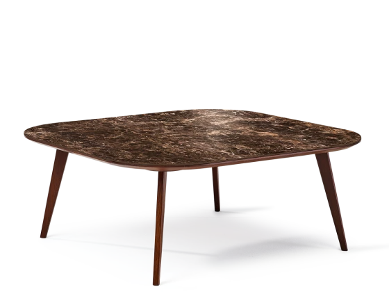 Table basse carré aux angles arrondis F2 plateau céramique bois teinte marron foncé plateau céramique effet marbre brun 110x110x30 cm