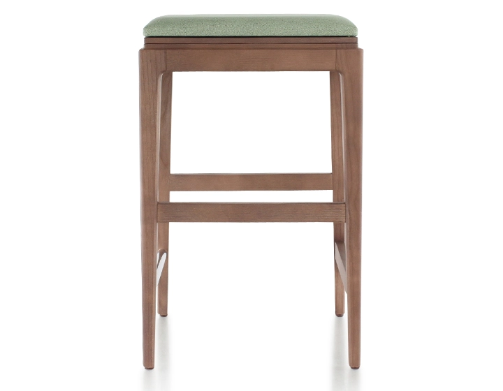 Tabouret de bar design H60 cm bois teinte noyer assise tissu vert sauge Tabouret de bar design H60 cm bois teinte noyer assise tissu vert sauge