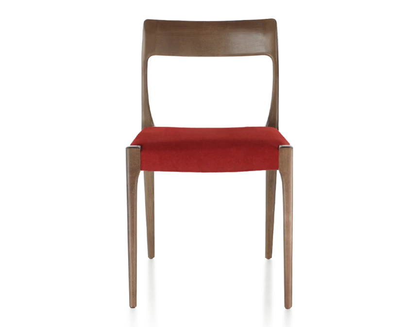 Chaise scandivave bois teinte marron foncé assise tissu bordeaux