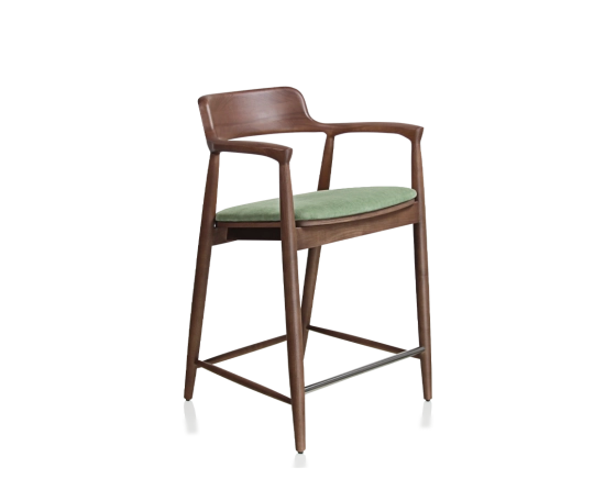 Tabouret de bar h60 cm bois teinte noyer assise tissu vert