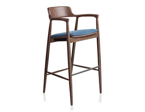Tabouret de bar h80 cm bois teinte noyer assise tissu bleu jean