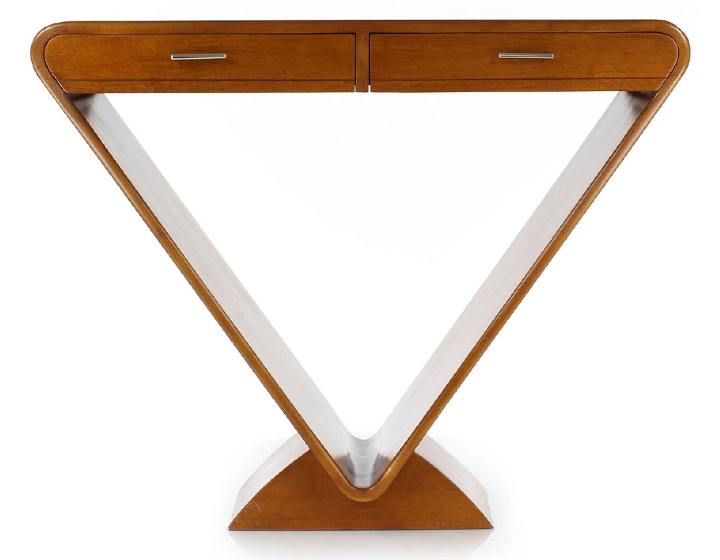 Console art déco double tiroirs bois teinte merisier Console art déco double tiroirs bois teinte merisier