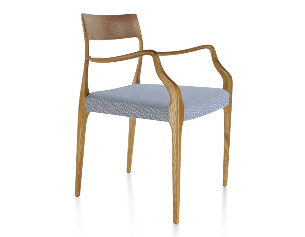 Scandinavian armchair with armrests cherry-stained wood, blue chevron fabric seat Scandinavian armchair with armrests cherry-stained wood, blue chevron fabric seat