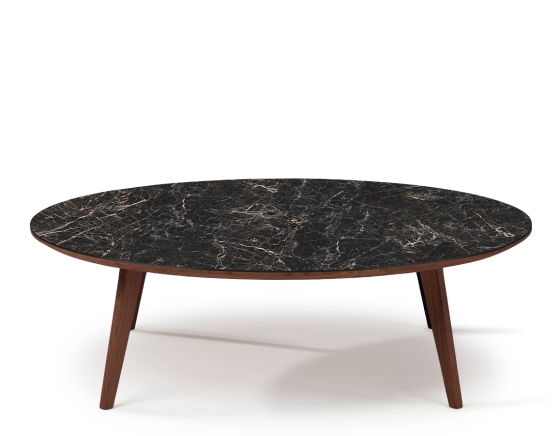 Round coffee table F1 in oak and ceramic dark brown stained wood coffee table with black marble-effect ceramic top. 90x90x30 cm