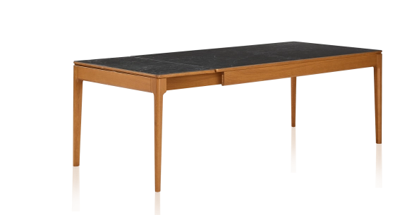 Table extensible 8 à 12 personnes en chêne et céramique allonges céramique avec bois teinte merisier et plateau et allonges céramique effet ardoise 180x100 cm